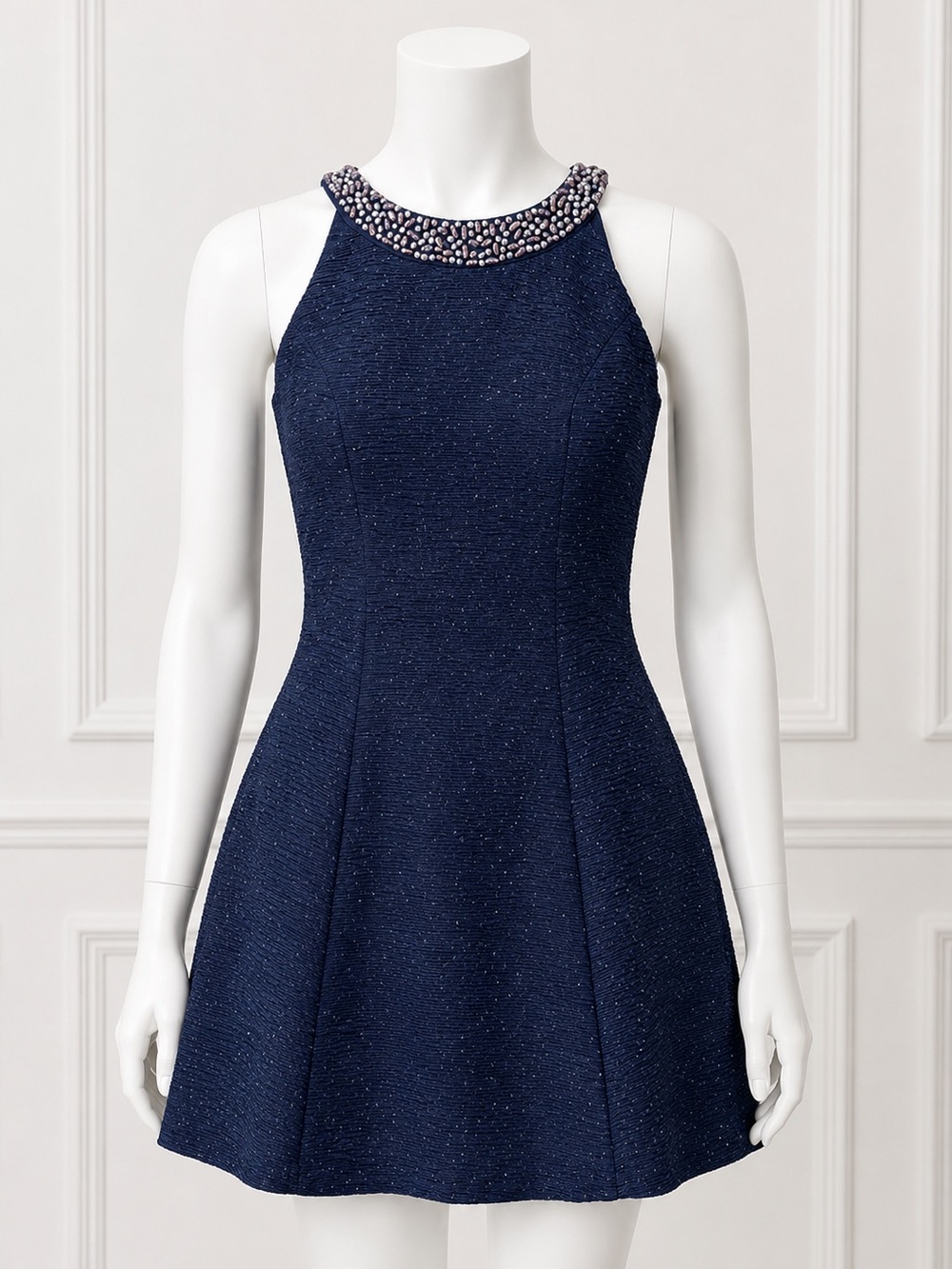 Betsy & Adam Navy One-Shoulder Beaded Neckline Dress